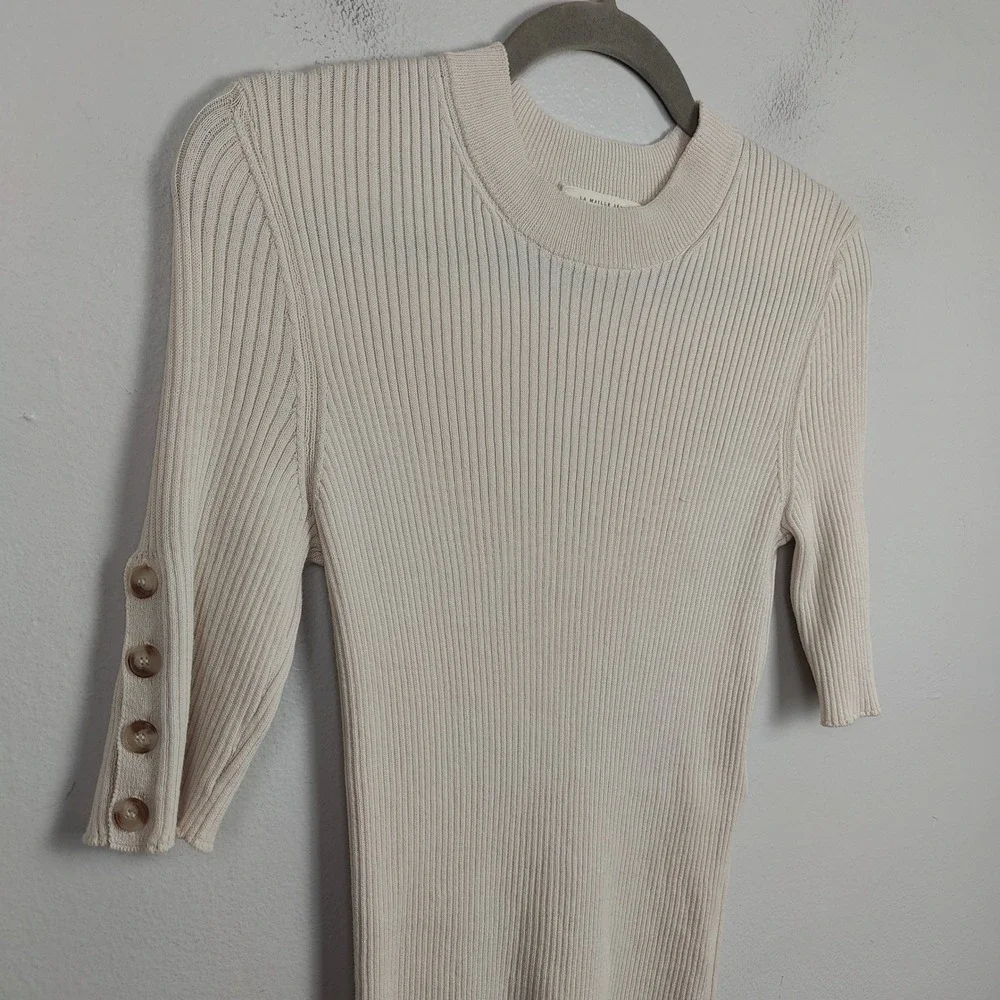 Sezane La Maille Ribbed Cotton Wool Knit Top Womens Medium Cream Buttoned - Picture 3 of 8